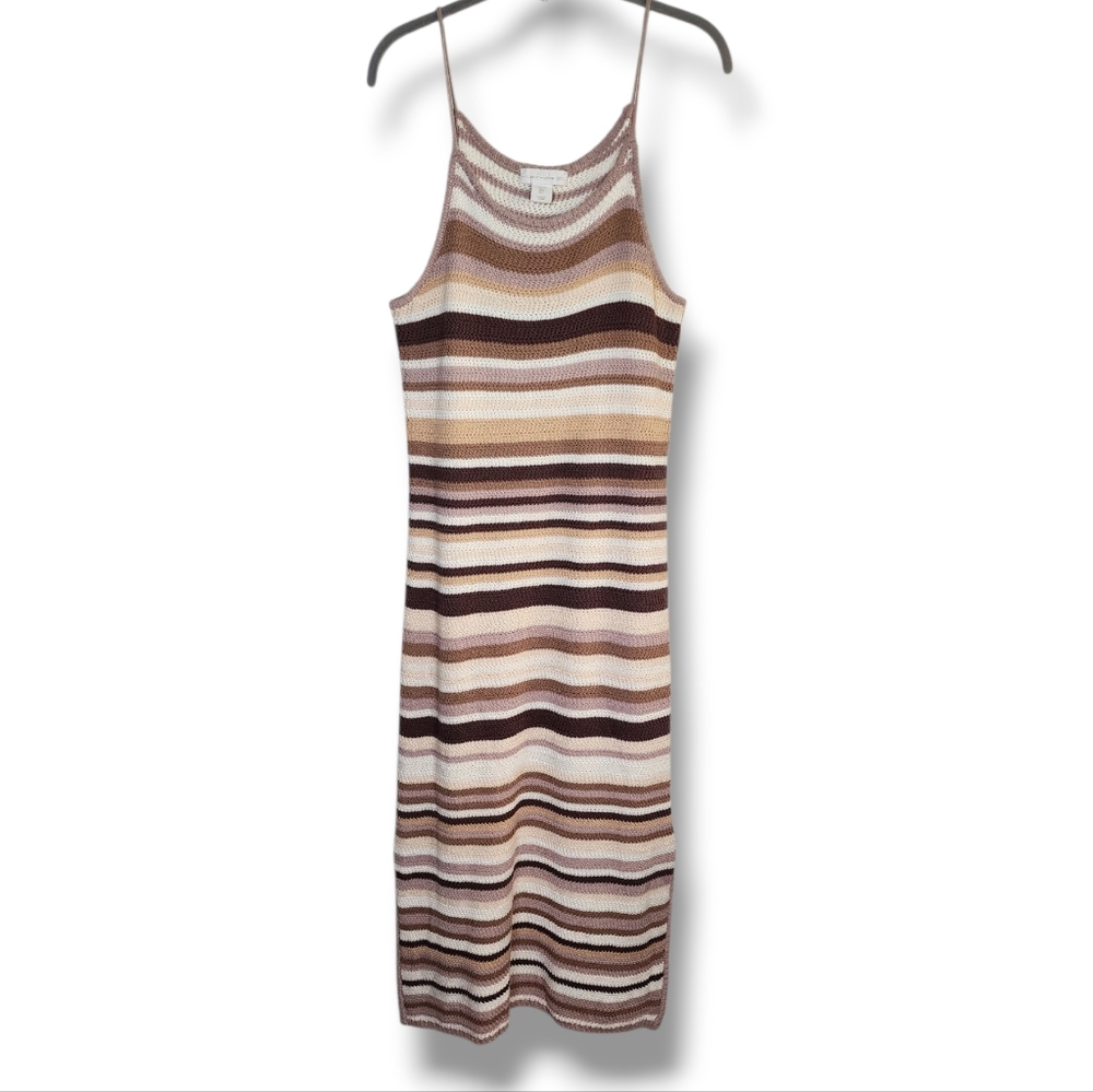 House Of Harlow 1960 Brown Tan Striped Crochet Knit Sleeveless Midi Dress Large